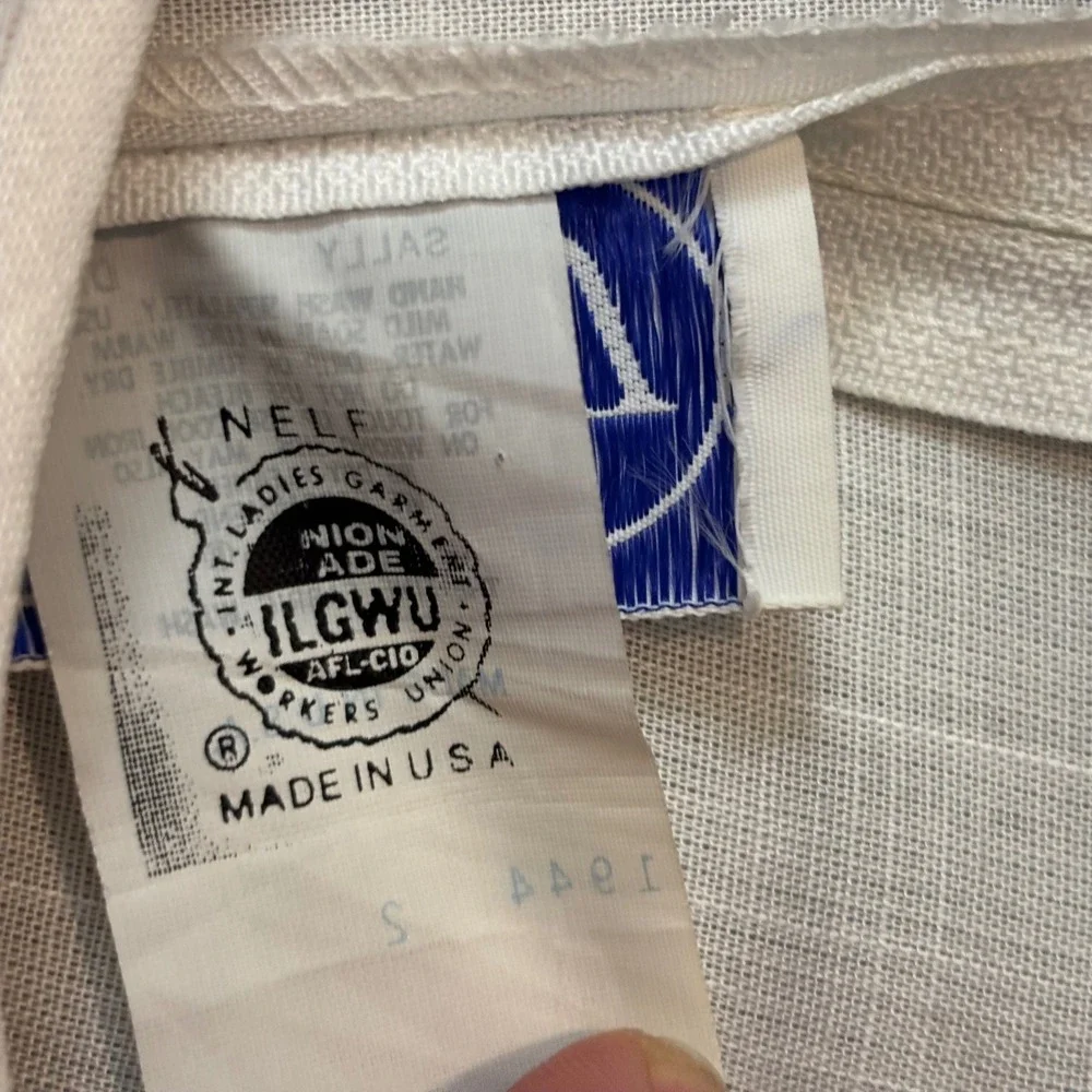 Vintage Leslie Fay Womens 12 2pc Tea Dress Set Blue White Tropical Palm Leaf 80s - Picture 9 of 14